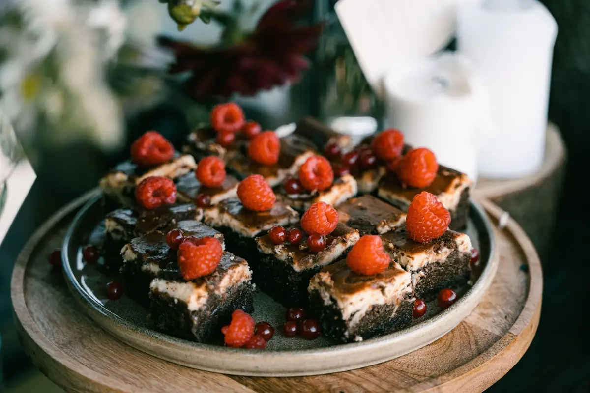 Brownies met frambozen en aardbeien op een houten plank.